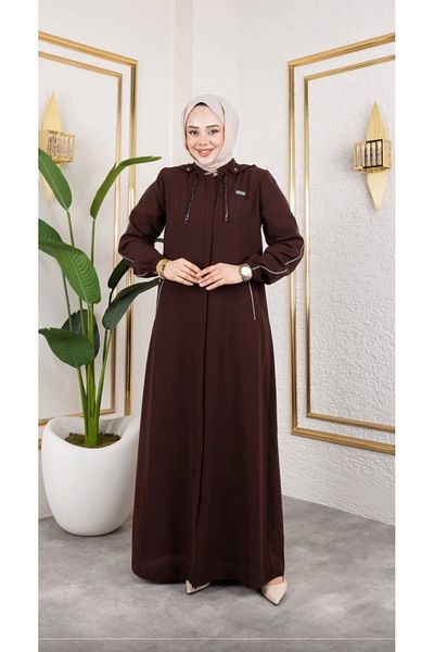 Nevayla Moda Абая с кант лента метален аксесоар детайл / кафяво - F0144