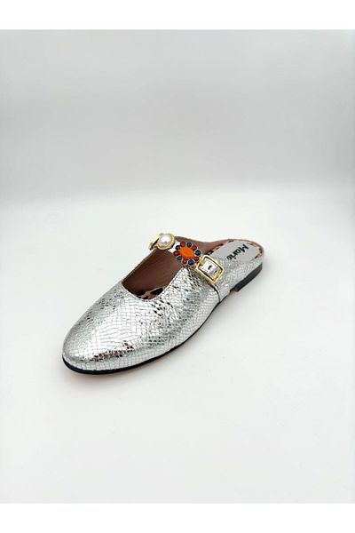 Mariolucci Women's Daily Stone Accessory Slippers (Leopard) Genuine Silver Snake Textured Leather