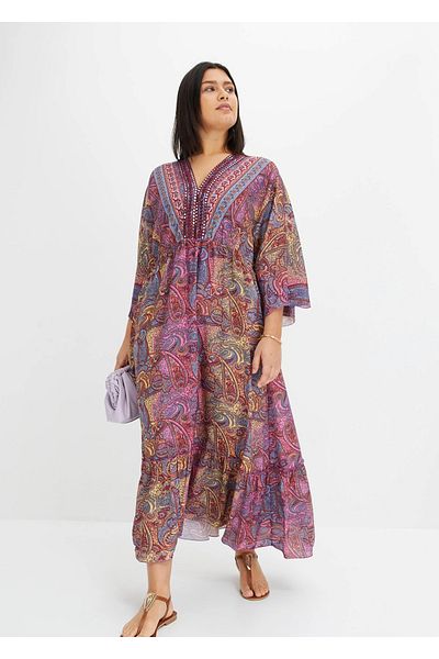 Şans Women's Plus Size Colorful, Bat Sleeve, Collar Embroidery and Sequin Sequin Long Dress 65N38984