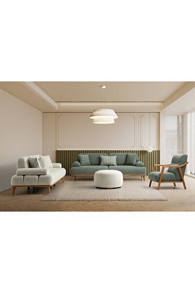 Yuvaset Home Tera Ahşap Ayaklı Beyaz 3 lü Kanepe