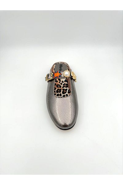 Mariolucci Women's Daily Stone Accessory Slippers (Leopard) Genuine Black Nickel Snake Textured Leather