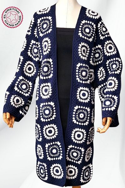 Uretti - Star 7202 7297 Jachetă / cardigan pentru femei, tricotată manual, albastru bleumarin, din fire de bumbac - 40/42/44