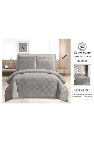 sonia home damasc Embroidered Cotton Bed Linen, Square Design, 6 Pieces - Sonia Home Design - Gray