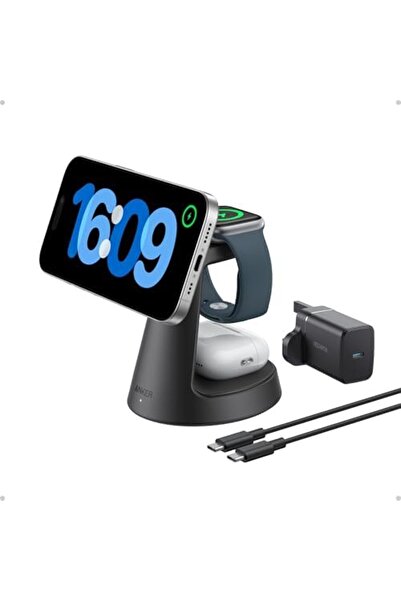Anker شاحن لاسلكي مغناطيسي MagGo (حامل قفص الاتهام)، 3 في 1 معتمد من Qi2، سلك متوافق مع MagSafe بقوة 15 وات