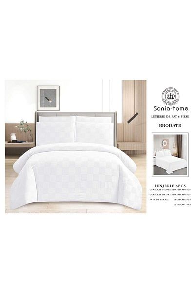 sonia home damasc Embroidered Cotton Bed Linen, Square Design, 6 Pieces - Sonia Home Design - White