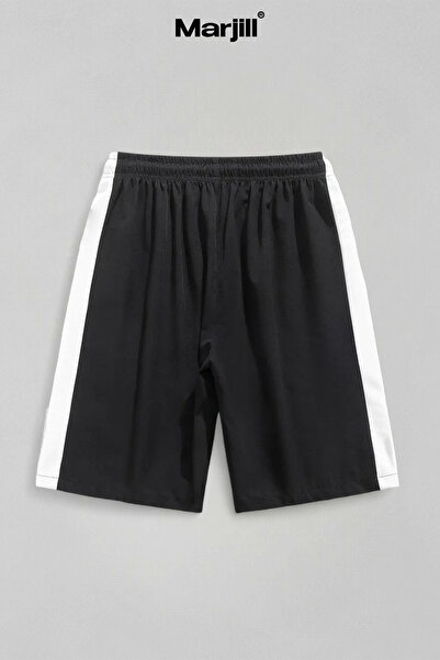 Marjill Siyah Yan Beyaz Şerit Detaylı Spor Şort