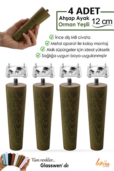 GLASWEN 4 Adet Ahşap Ayak 12 Cm Orman Yeşili M8 Civatalı Bağlantı Aparatlı Mo...