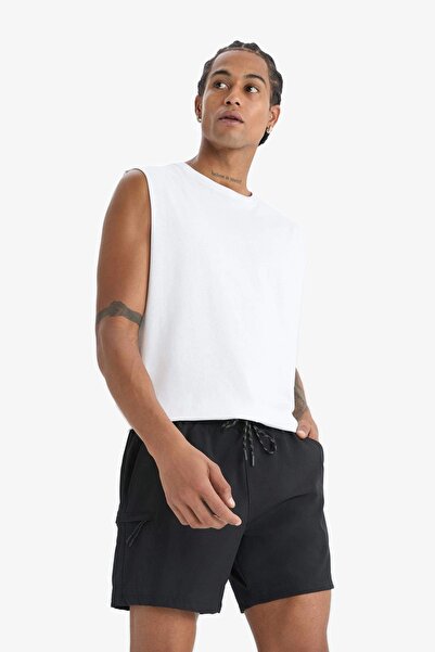 DeFacto C5138 Siyah DeFactoFit Baskılı Esnek Dokulu Kısa Boy Sporcu Deniz Şortu