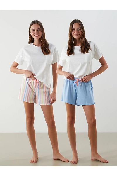 LC Waikiki Lcw Dream Coral Waist Elastic Striped Women's Shorts Pajama Bottoms 2-Pack