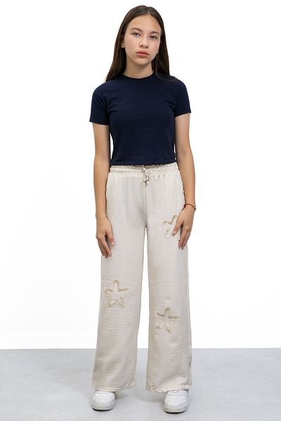 Cansın Mini Cream Star Embroidered Wide Leg Comfortable Fabric Girls' Trousers 21147