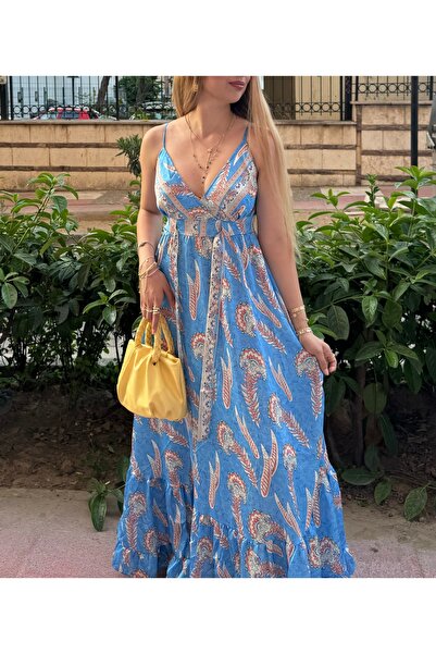 SUNSHINE İpek Saten Mavi Elbise