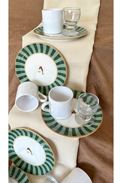 Erbaşlar Love Bird Green Coffee Side Cup 18 Piece Coffee Cup Set for 6 People, Set