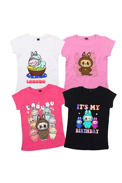 Yoo Street Labubu Graphic T-Shirt Bundle for Women – 4-Pack Mix & Match Cute Characters, Casual Cotton Tops