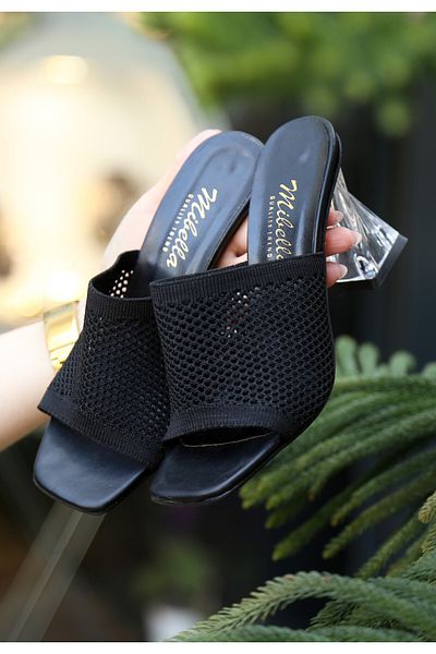 Zerenyus Akva Black Knitwear Transparent Heeled Slippers
