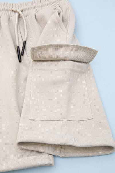 Cansın Mini Krem Beli Lastikli Jogger Kumaş Tek Kargo Cepli Erkek Çocuk Şort 21156