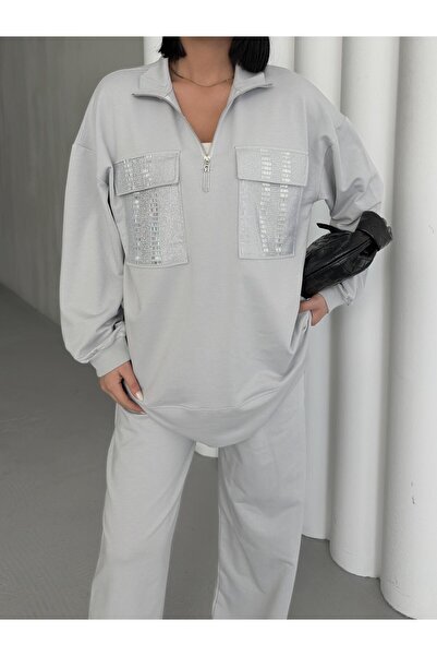 Basicpark Painted Gray Women's Oversized Half Zipper Closure Pocket over Stone Loose Leg Cotton Knitted Bottom Top Set