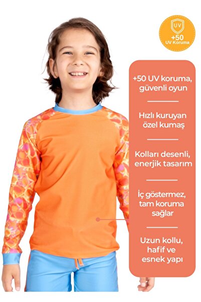 Ozmoz By Mukadder Özden Uv Protection Orange Long Sleeve Unisex Kids Swimmer Top