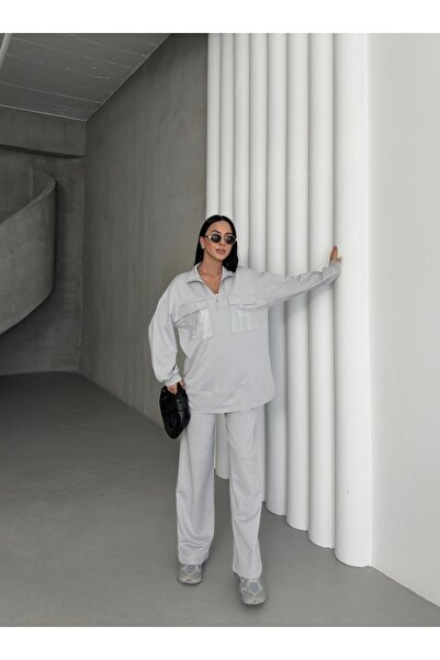 Basicpark Painted Gray Women's Oversized Half Zipper Closure Pocket over Stone Loose Leg Cotton Knitted Bottom Top Set