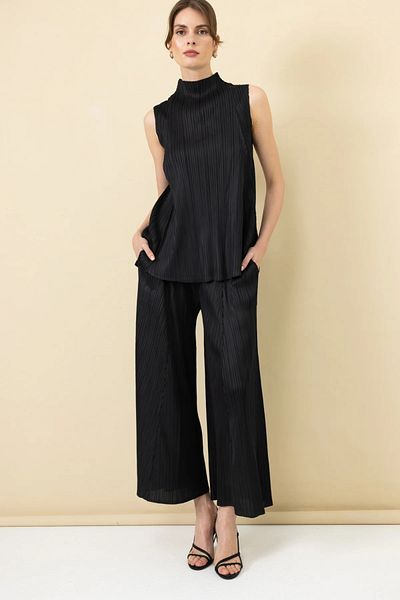 Ekol Elastic Waist Accordion Fabric Trousers Black