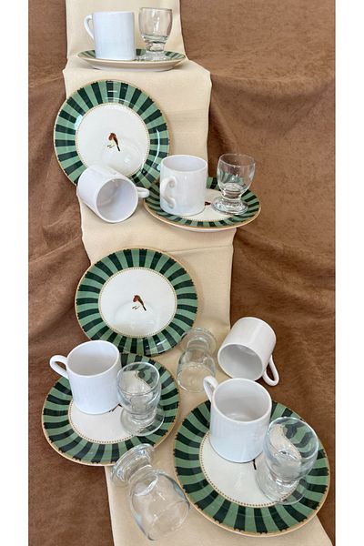 Erbaşlar Love Bird Green Coffee Side Cup 18 Piece Coffee Cup Set for 6 People, Set