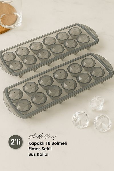 Anadolu Saray 2 Pcs Practical Lid 18 Compartment Diamond Shape Ice Mold |   Diamond Ice Mold Diamond Shaped Ice Mold
