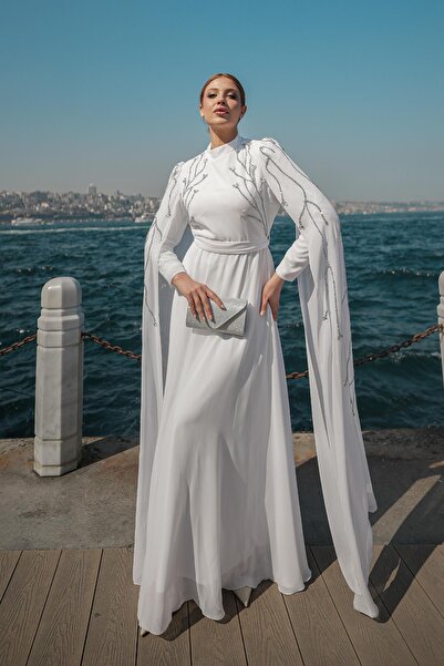 Hakimoda فستان سهرة حجاب يوسرا شيفون أبيض