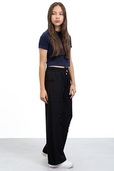 Cansın Mini Black Star Embroidered Wide Leg Comfortable Fabric Girls' Trousers 21146