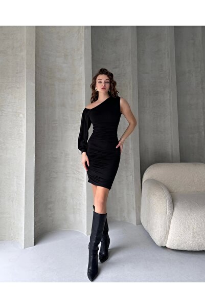 Genel Markalar Siyah Tek Omuz Drapeli Mini Elbise BCDF-242139