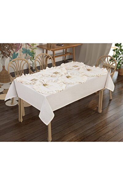 KUM SAATİ Ham Keten Masa Örtüsü Yuvarlak Amerikan Servis ve Kaşıklık 13 Parça