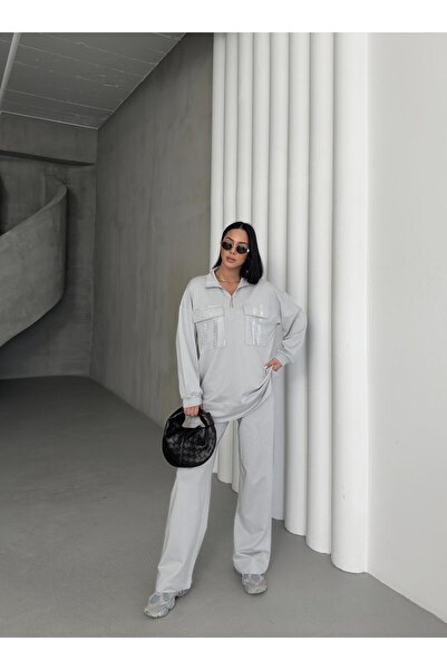 Basicpark Painted Gray Women's Oversized Half Zipper Closure Pocket over Stone Loose Leg Cotton Knitted Bottom Top Set