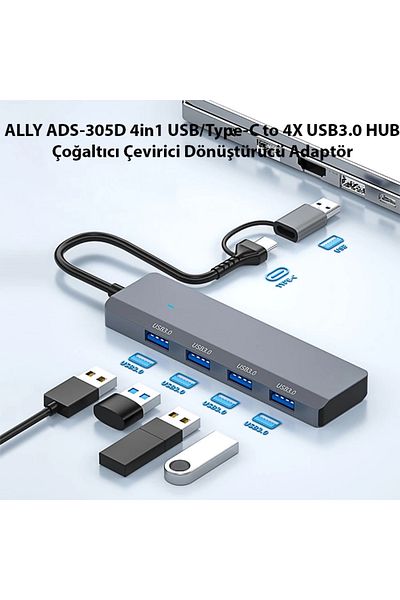 ETC Ally Ads-305D 4in1 Usb/Type-C to 4X Usb3.0 Hub Multiplier Converter Convert? Myg4718-6429