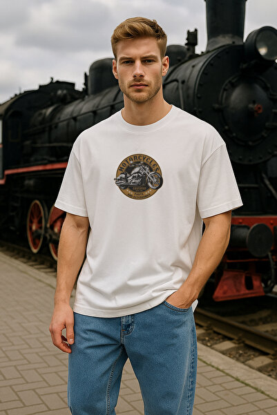 TARZ STİL تي شيرت أبيض كبير الحجم للرجال بأكمام قصيرة مطبوع عليه دراجات نارية كاليفورنيا 14966