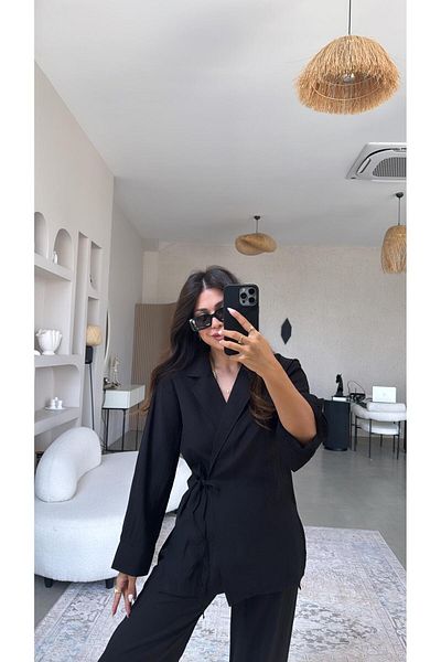Buket Teke Black Woven Double Breasted Collar Shirt Suit