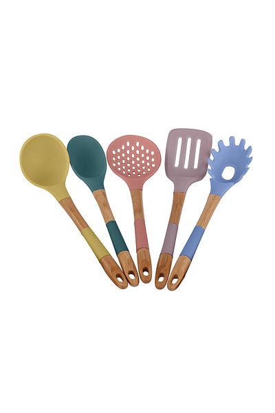 ALSAIF COOKWARE 5PCS KITCHEN UTENSIL SET, SILICONE AND BAMBOO MATERIAL