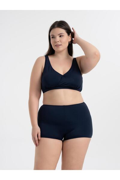 AQUAVİVA Women's Navy Blue Plus Size Quinn Double Breasted Detailed Gathered Shorts Bikini Set