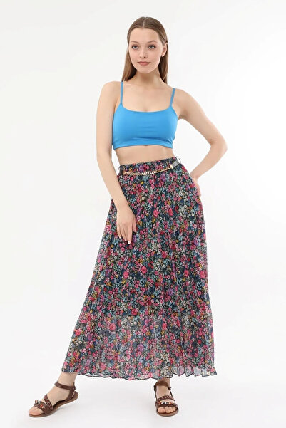 Modabenna Patterned Lined Pleated Chiffon Skirt with Elastic Waist Pleated