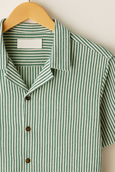 mavisima erkek giyimi Men's Green-White Striped Short Sleeve Summer Shirt – Comfortable Flowing Cool Fabric