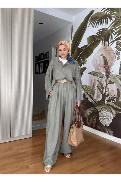 Aselim Hijap Moda 100% Raw Linen Kimono Sleeve Double Set - Green with Straw Belt