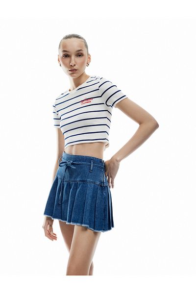 Koton Cotton Belt Detailed Pleated Denim Mini Shorts Skirt