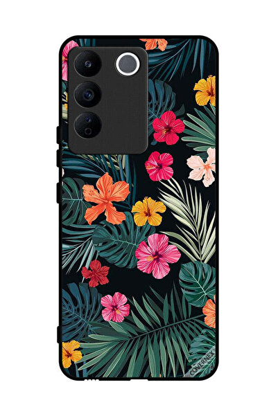 Covernex غطاء حماية لهاتف فيفو S16e - زهور متعددة الألوان وريش أخضر داكن