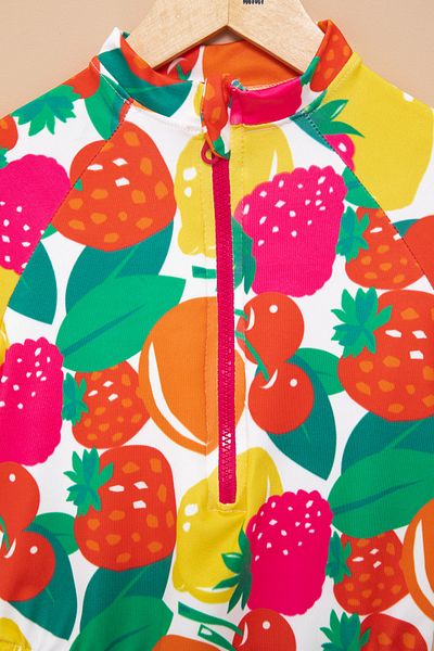 Cansın Mini Pink Fruit Patterned Zipper Closure Short Sleeve Girls Swimsuit 21133