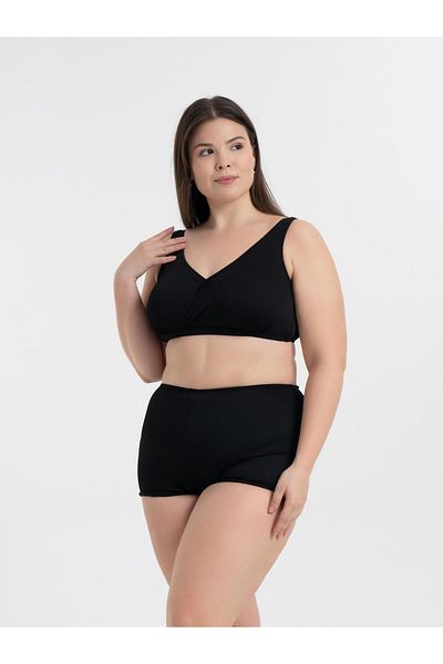 AQUAVİVA Women's Black Ribbed Plus Size Quinn Double Breasted Detailed Gathered Shorts Bikini Set