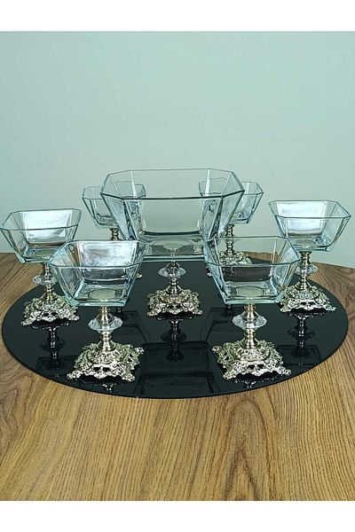 Elta Collection Karen 7 Piece Casting Silver Footed Presentation Set Magnolia Ice Cream Bowl Cup and Salad Bowl Set