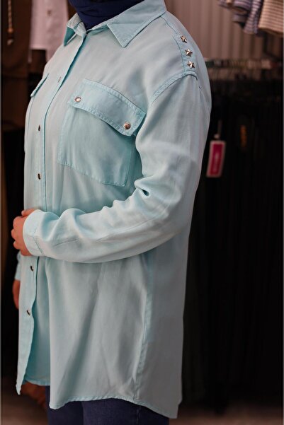 My Magazin omzu yıldız detaylı ince yazlık gömlek