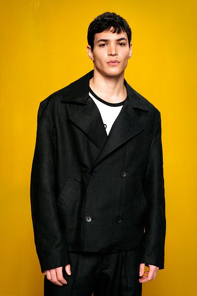 GIESTO 100% Linen Double-Breasted Black Jacket