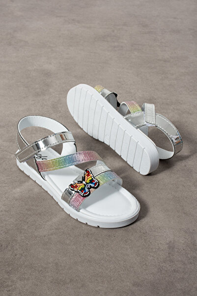 BOUIS Children's Silver Daily Single Velcro Butterfly Detailed Lightweight Sandals Comfortable Sole Pool Daily Slippers