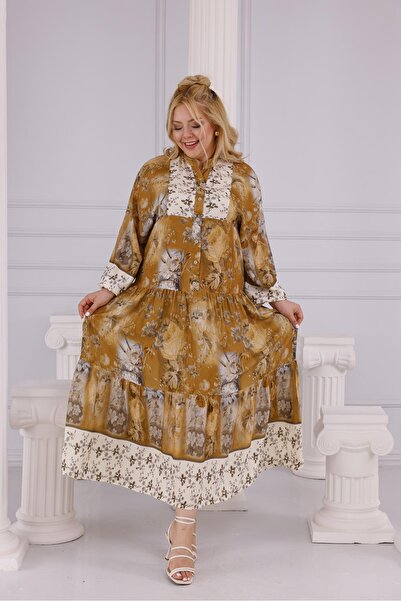 Siyezen Plus Size Button Detailed Flared Dress with Elastic Sleeves