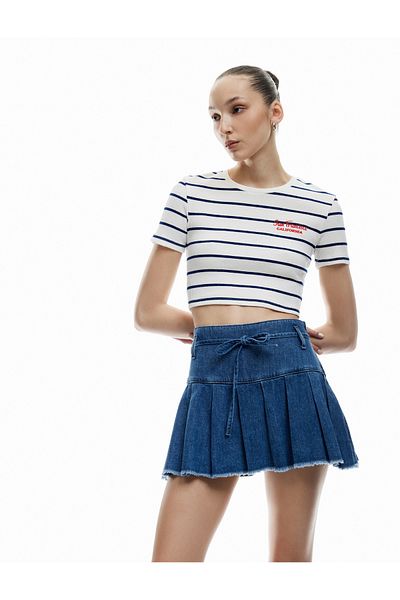 Koton Cotton Belt Detailed Pleated Denim Mini Shorts Skirt
