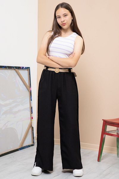 Cansın Mini Black Button Detailed Wide Leg Girl's Belted Trousers 21151