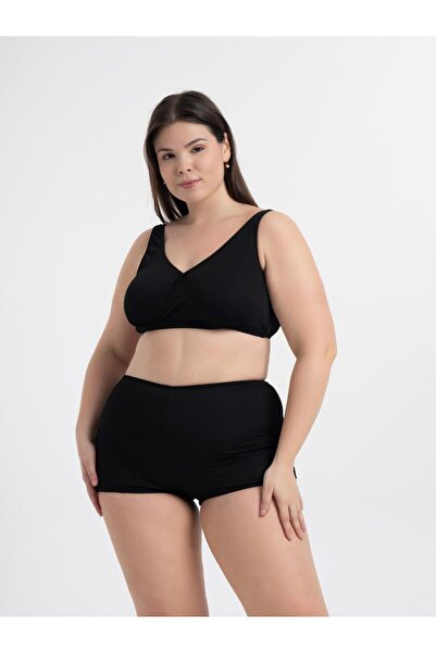 AQUAVİVA Women's Black Ribbed Plus Size Quinn Double Breasted Detailed Gathered Shorts Bikini Set